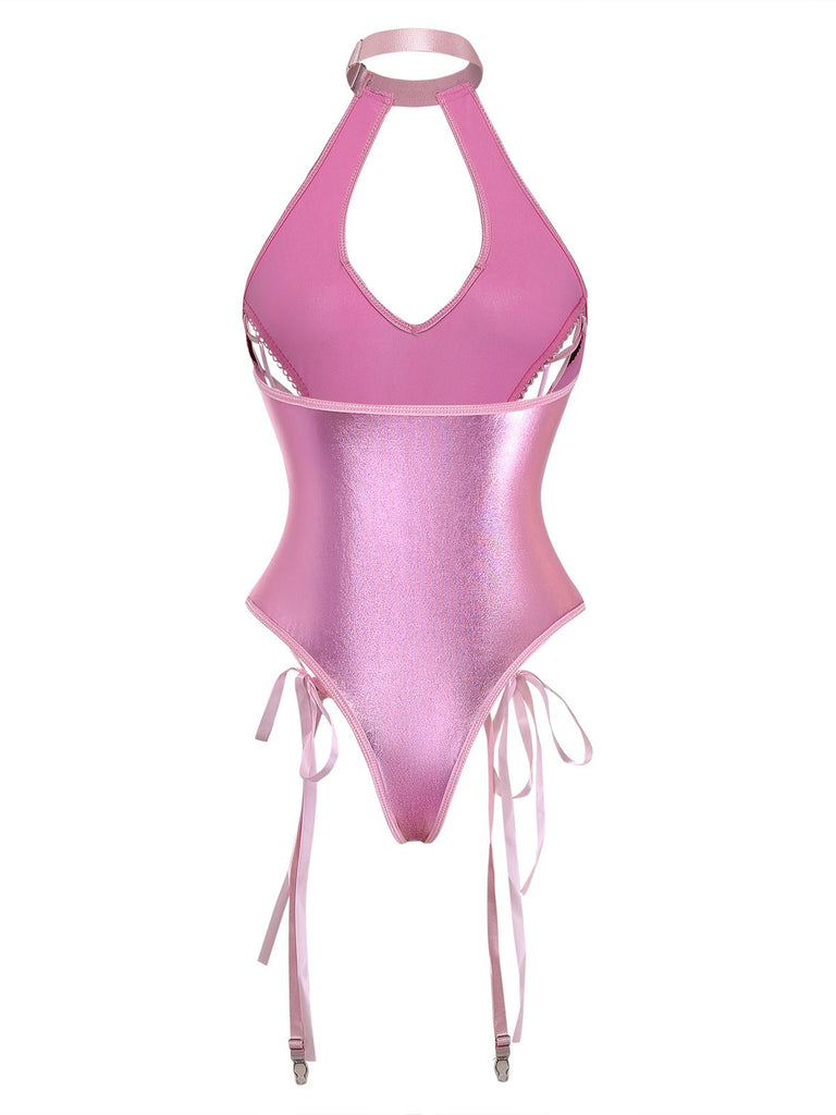 1980s Patent Leather Halter Lace-Up Bodysuit Lingerie Set