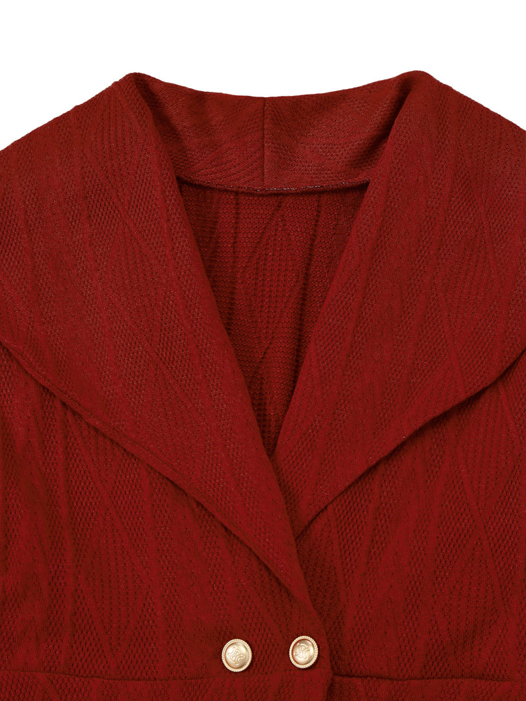 1940s Solid Knitted Big V-Neck Button Dress