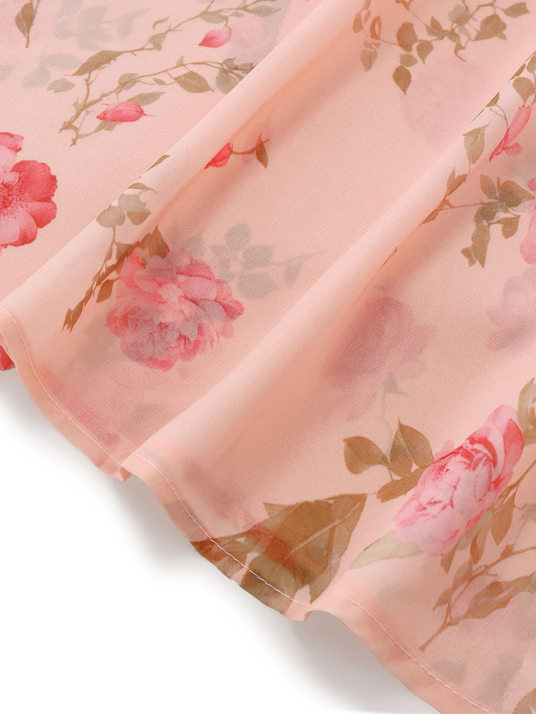 Pale Pink 1930s Floral V-Neck Chiffon Dress