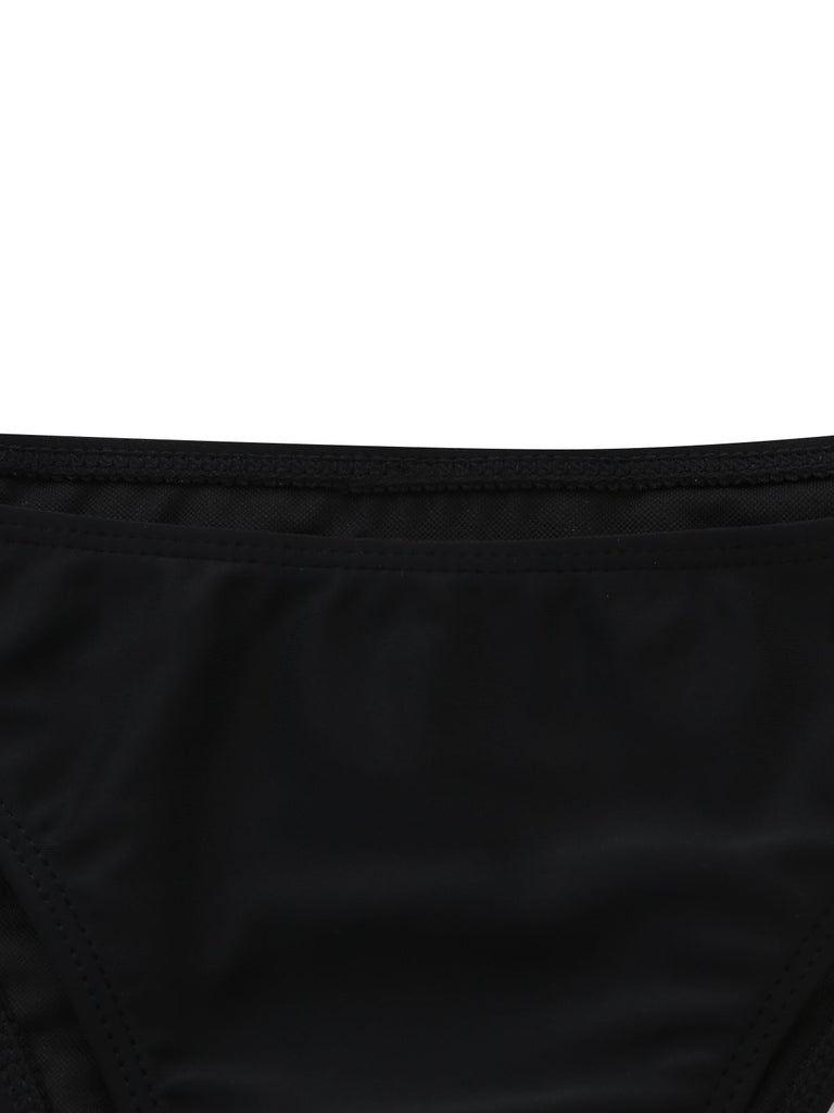 3PCS Black 1960s Vacation Print Mesh Halter Ruched Bikini Set & Cover-Up