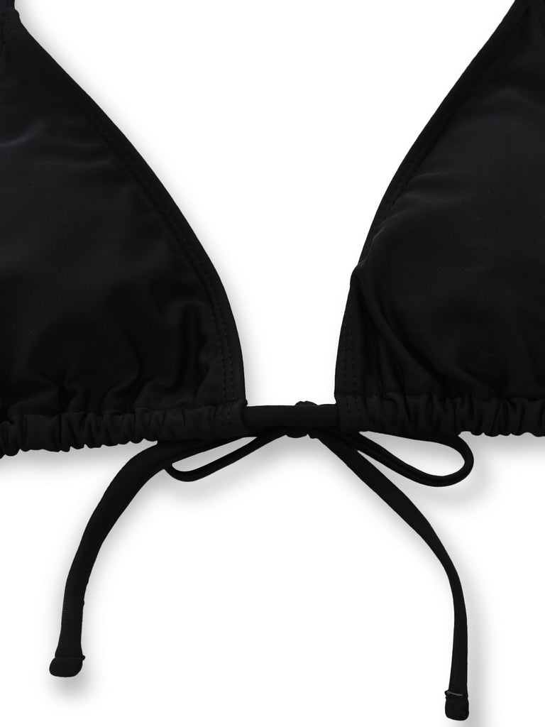 3PCS Black 1960s Vacation Print Mesh Halter Ruched Bikini Set & Cover-Up