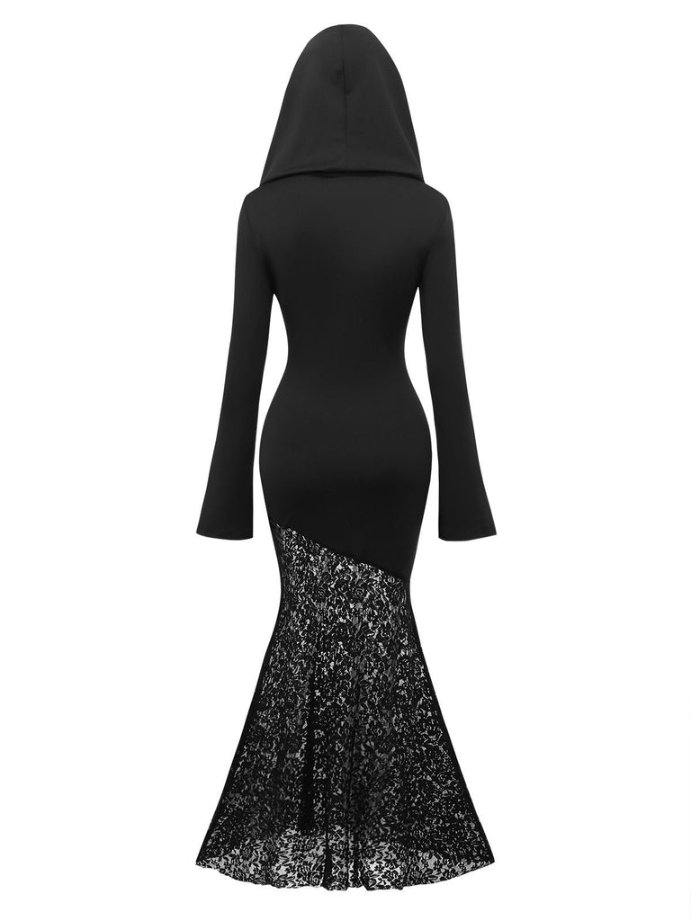 Black 1970s Gothic Lace Cross Hooded Mermaid Dress