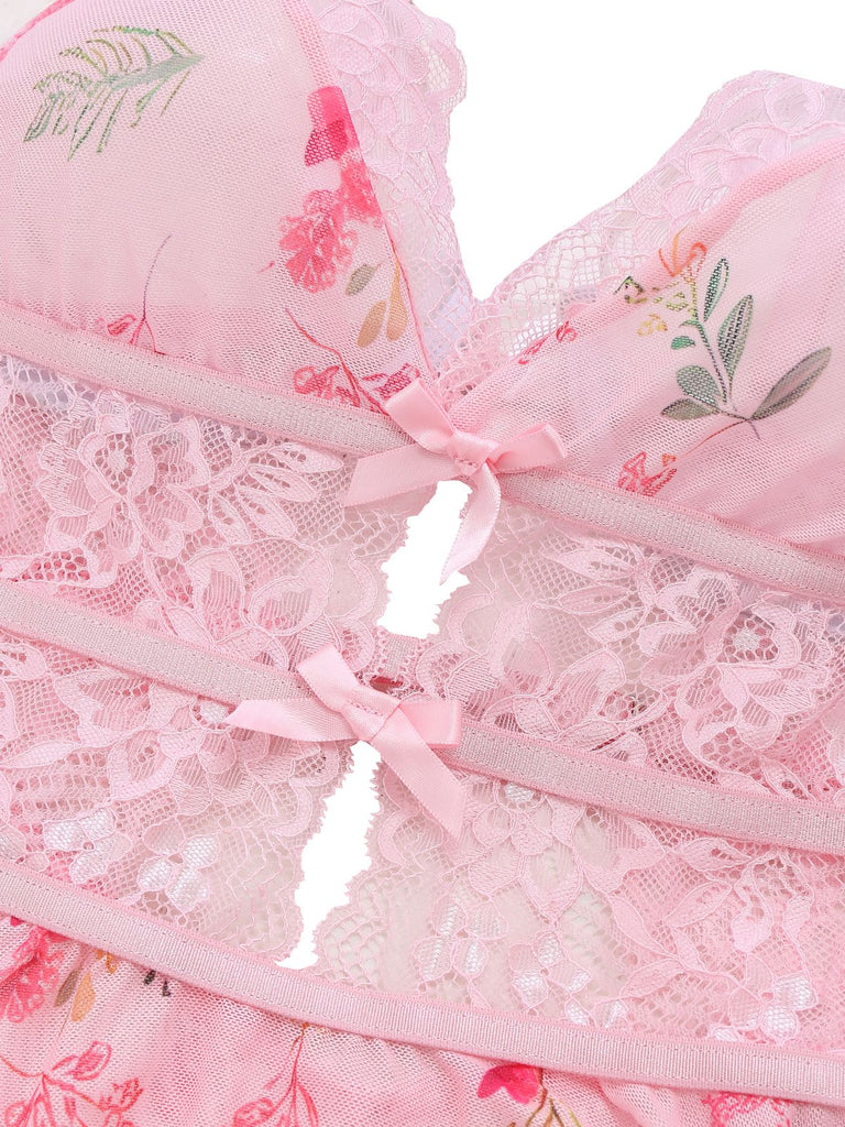 Pink 1970s Floral Lace Sheer Nightgown