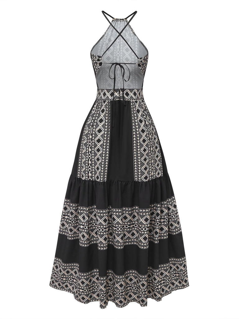 Black 1970s Bohemian Print Halter Tiered Backless Dress