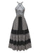 Black 1970s Bohemian Print Halter Tiered Backless Dress