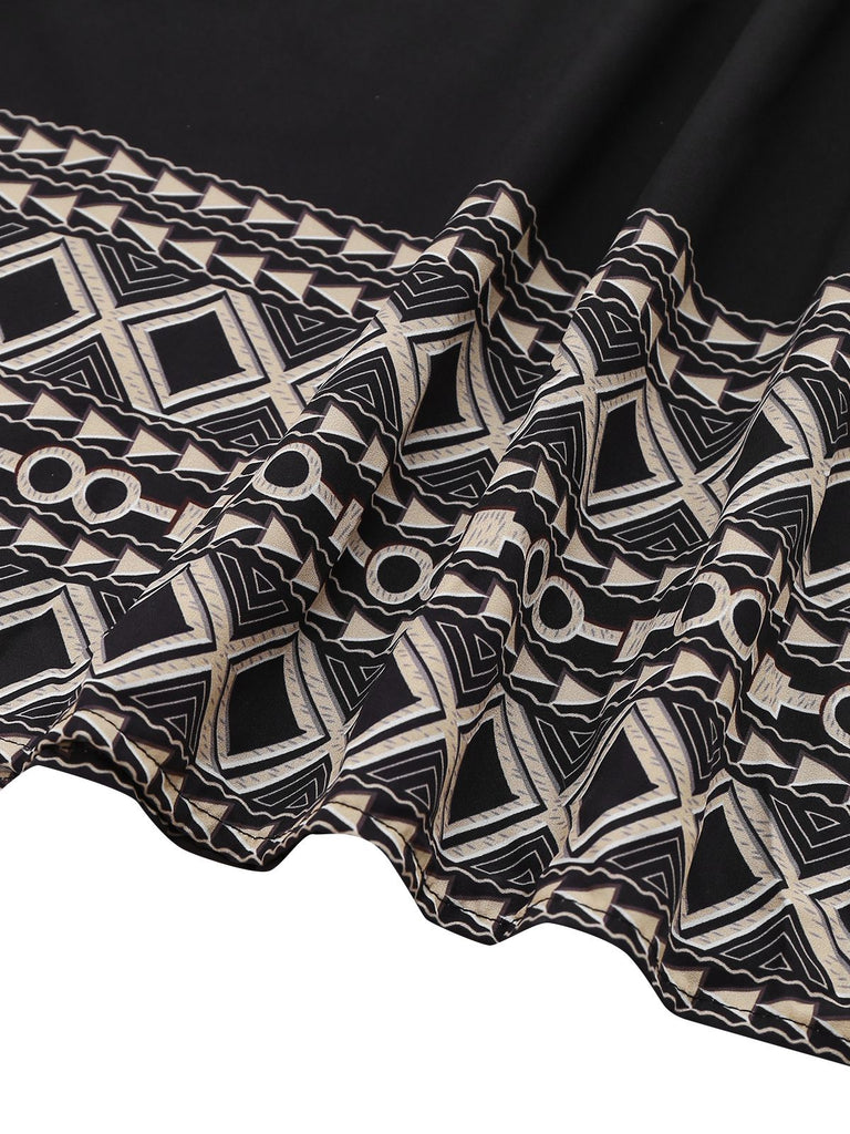 Black 1970s Bohemian Print Halter Tiered Backless Dress