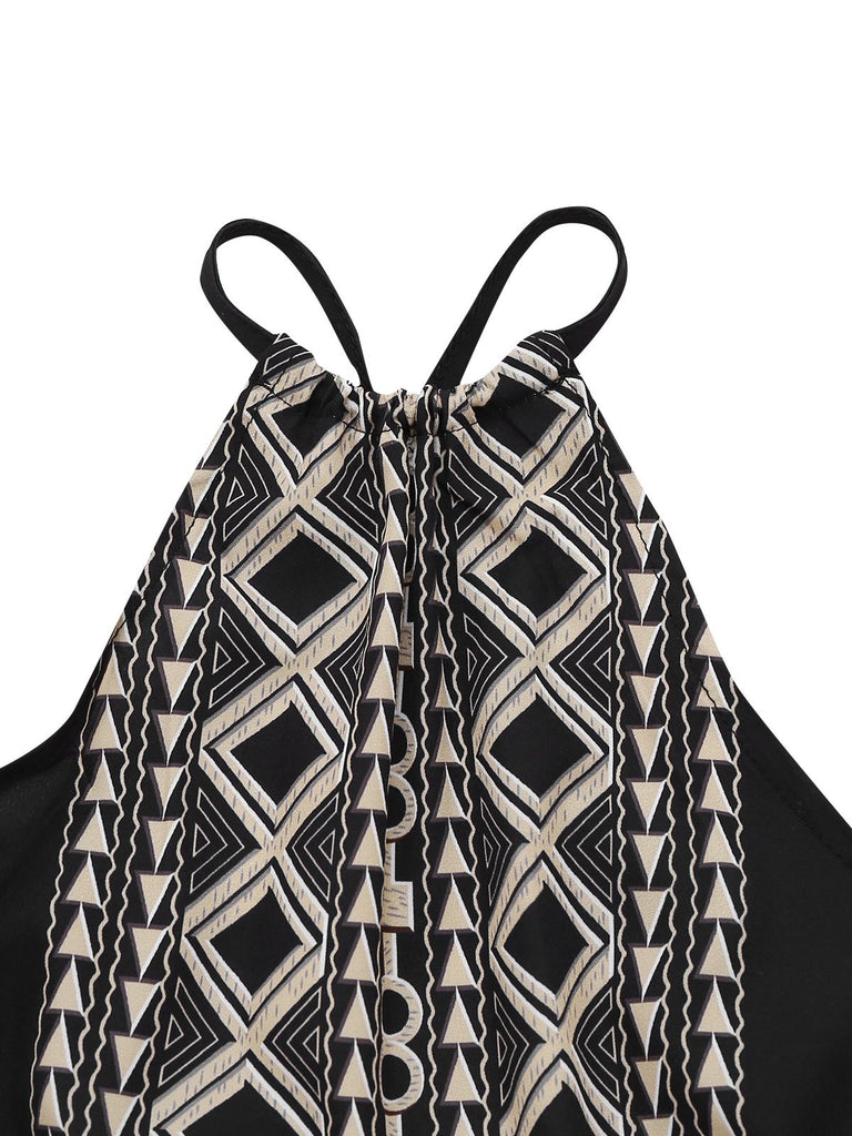 Black 1970s Bohemian Print Halter Tiered Backless Dress