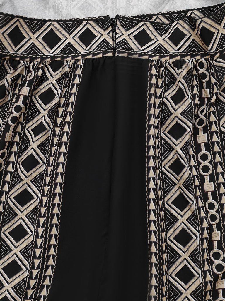 Black 1970s Bohemian Print Halter Tiered Backless Dress