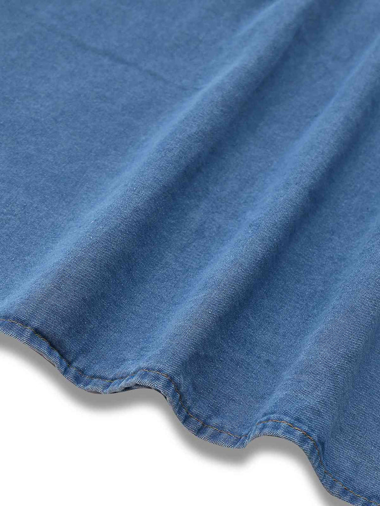 Blue 1940s V-Neck Knot Cuff Denim Dress