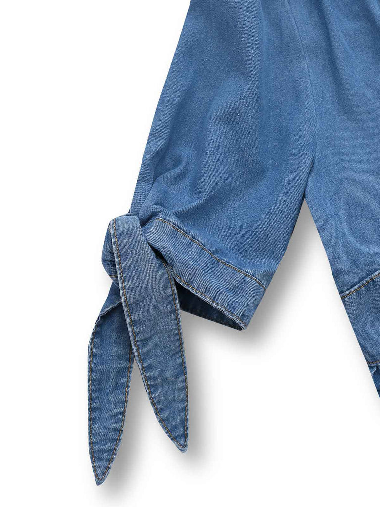 Blue 1940s V-Neck Knot Cuff Denim Dress