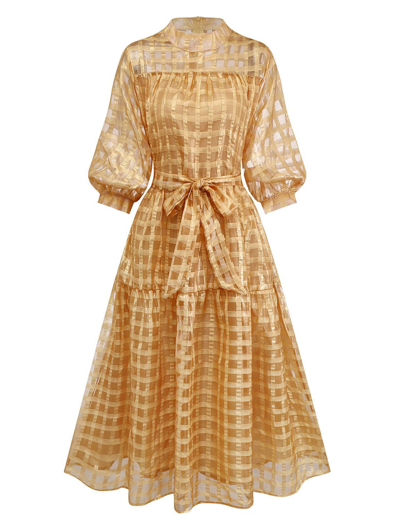 Gold 1940s Sheer Grid Puff-Sleeve Belted Midi Party Dress