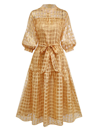 Gold 1940s Sheer Grid Puff-Sleeve Belted Midi Party Dress