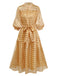 Gold 1940s Sheer Grid Puff-Sleeve Belted Midi Party Dress