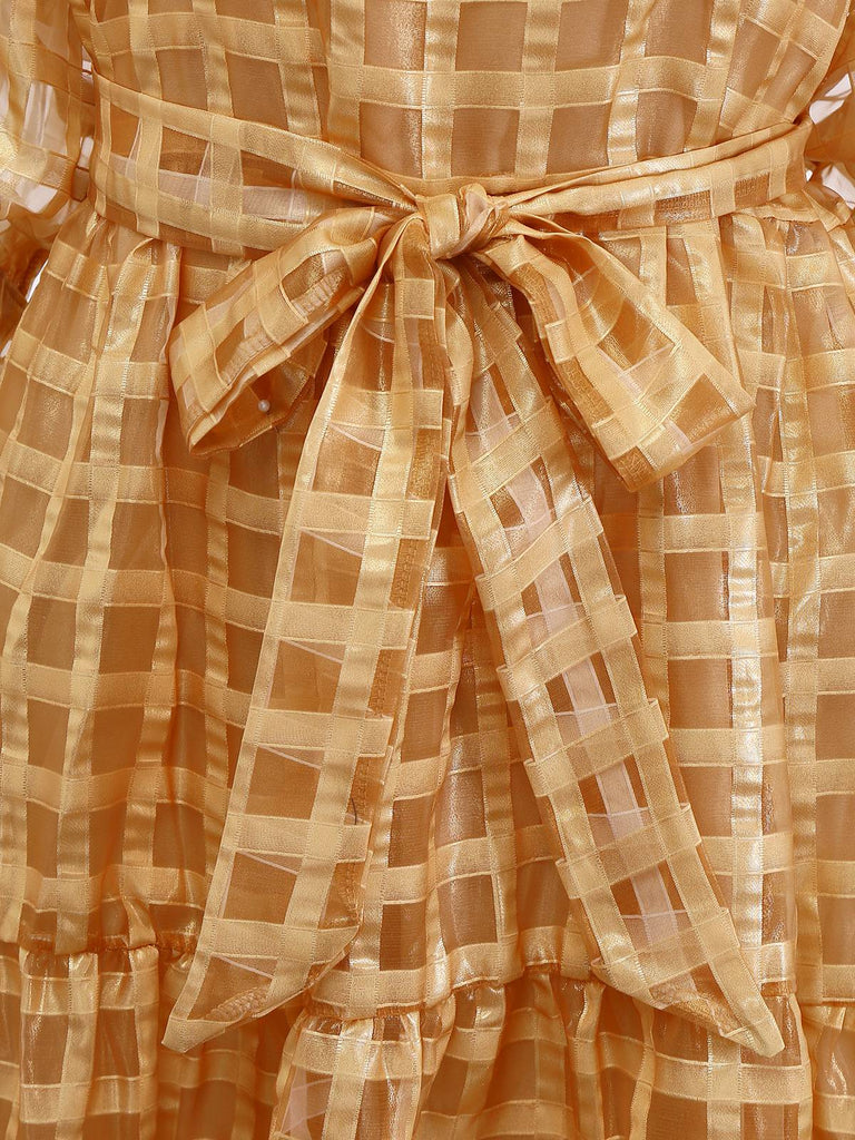 Gold 1940s Sheer Grid Puff-Sleeve Belted Midi Party Dress
