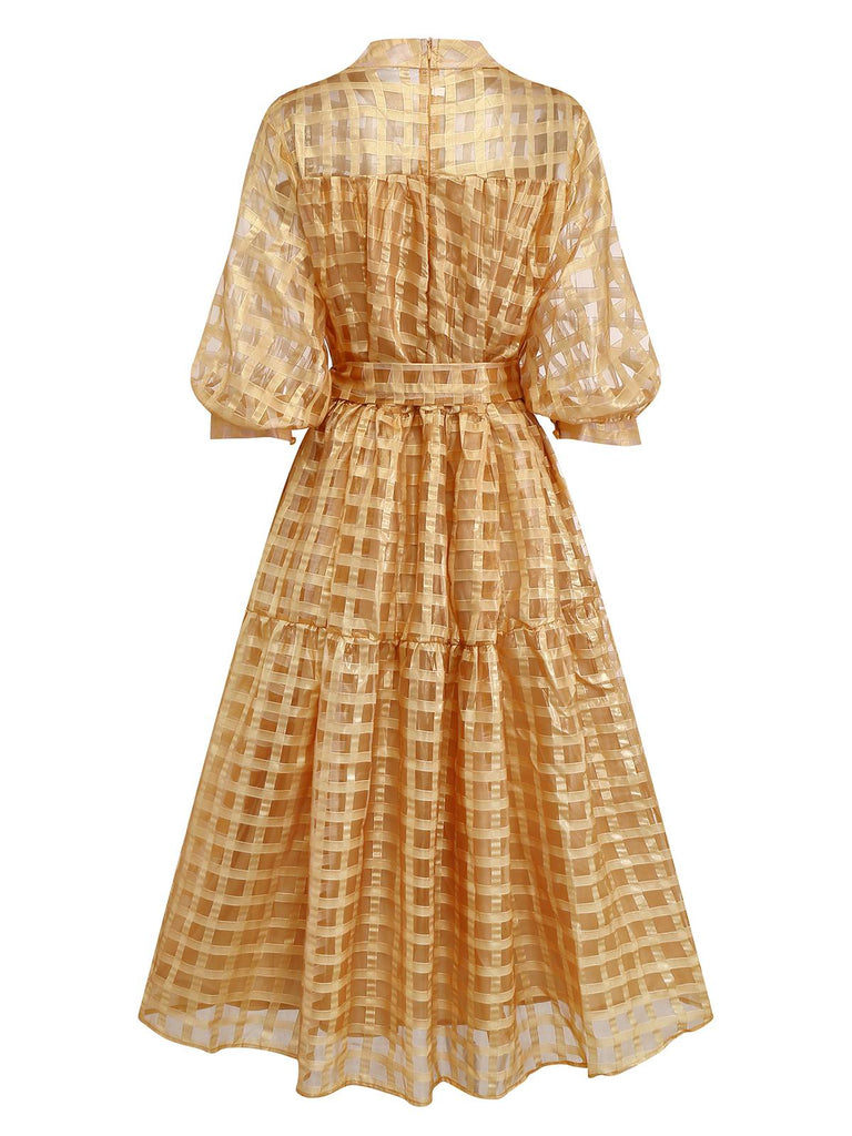 Gold 1940s Sheer Grid Puff-Sleeve Belted Midi Party Dress
