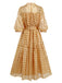 Gold 1940s Sheer Grid Puff-Sleeve Belted Midi Party Dress
