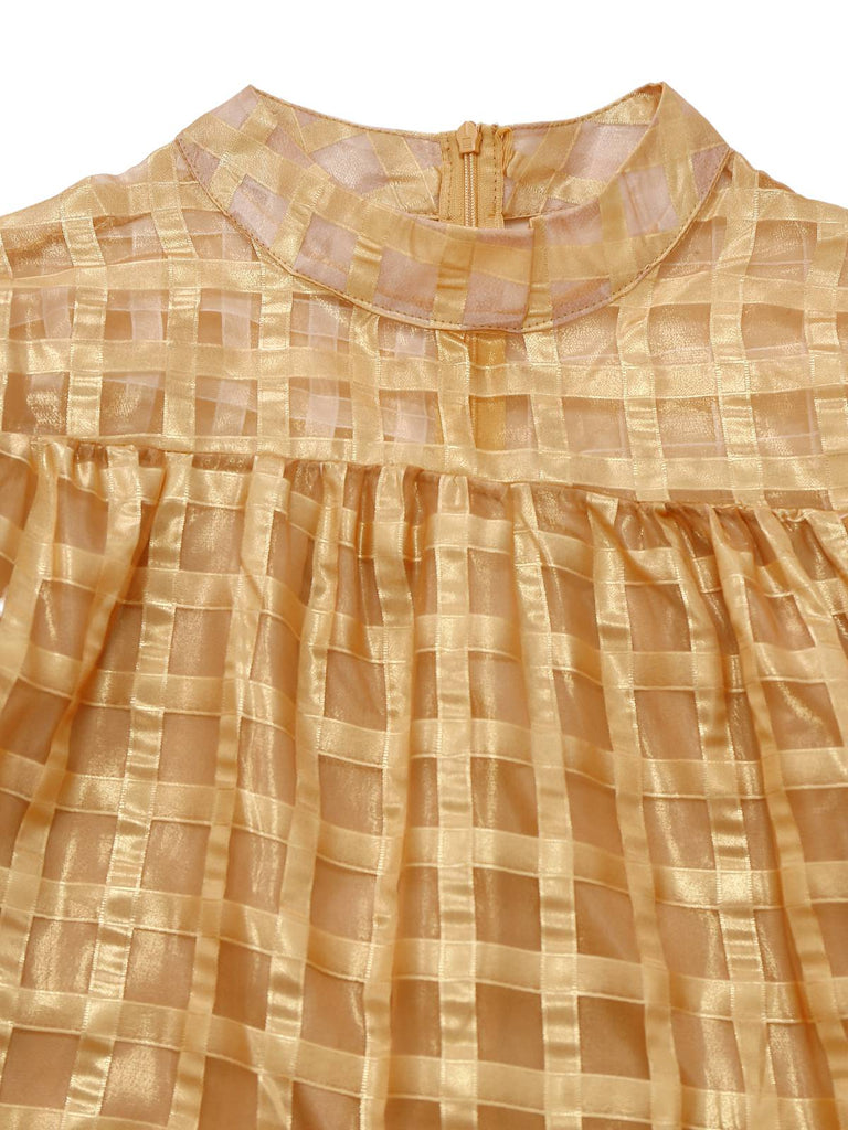 Gold 1940s Sheer Grid Puff-Sleeve Belted Midi Party Dress