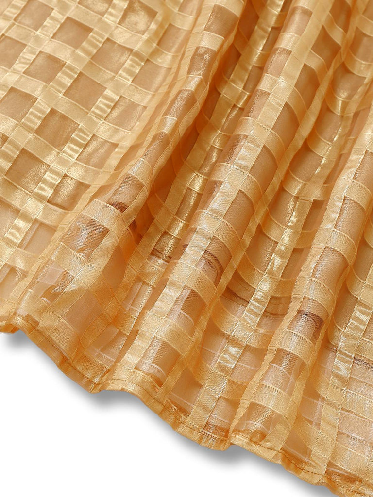 Gold 1940s Sheer Grid Puff-Sleeve Belted Midi Party Dress