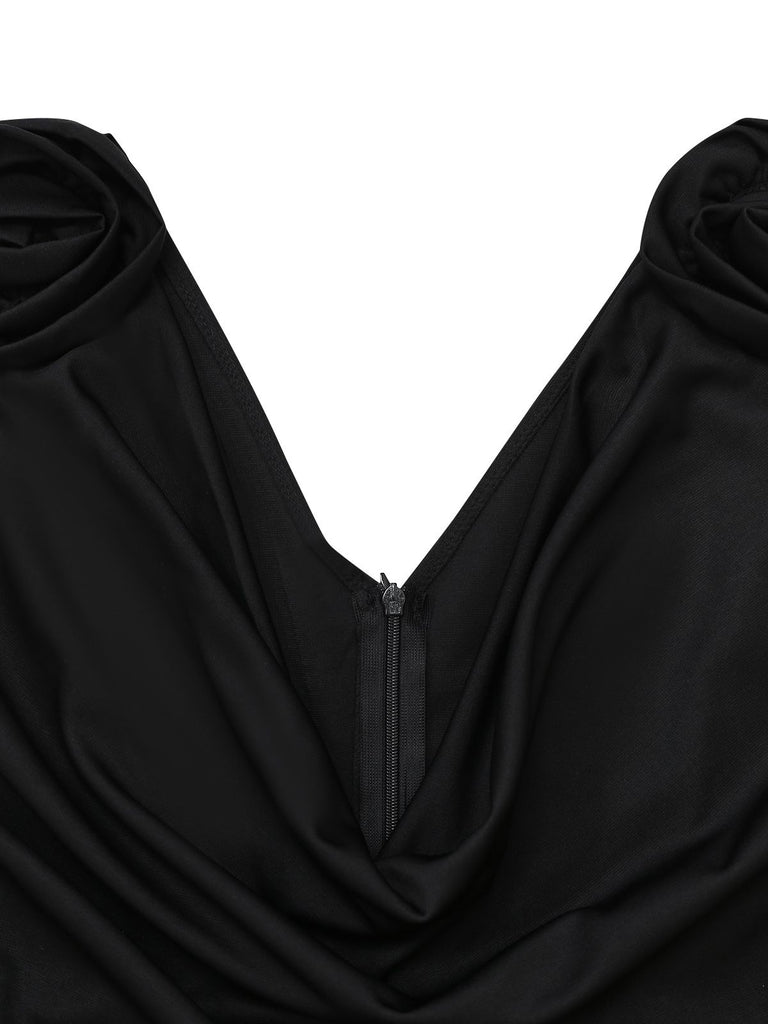 Black 1930s Sequined Belt Deep V-Neck Jumpsuit