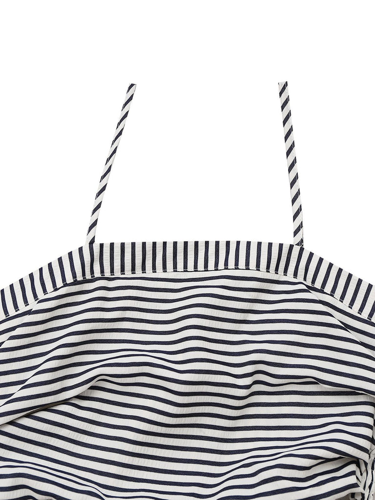 Black&White 1970s Striped Ruched Spaghetti Strap Dress