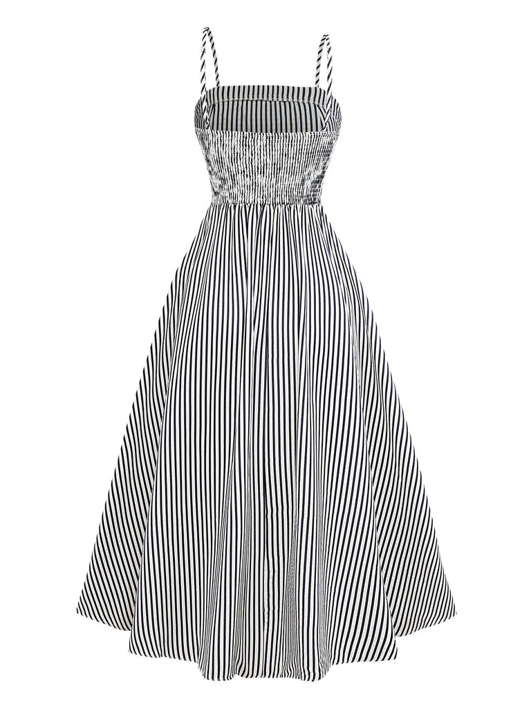 Black&White 1970s Striped Ruched Spaghetti Strap Dress