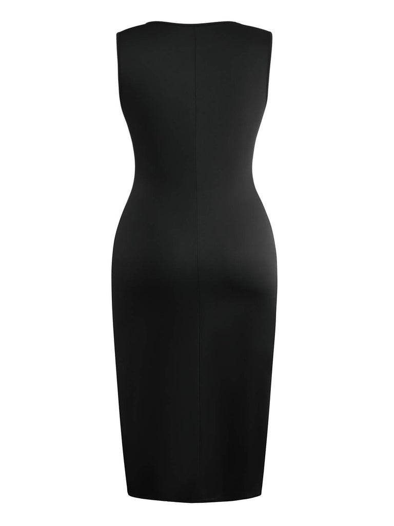 Black 1950s Sleeveless Side-Bow-Slit Maxi Dress