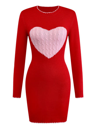1960s Knit Heart Pattern Long Sleeve Dress