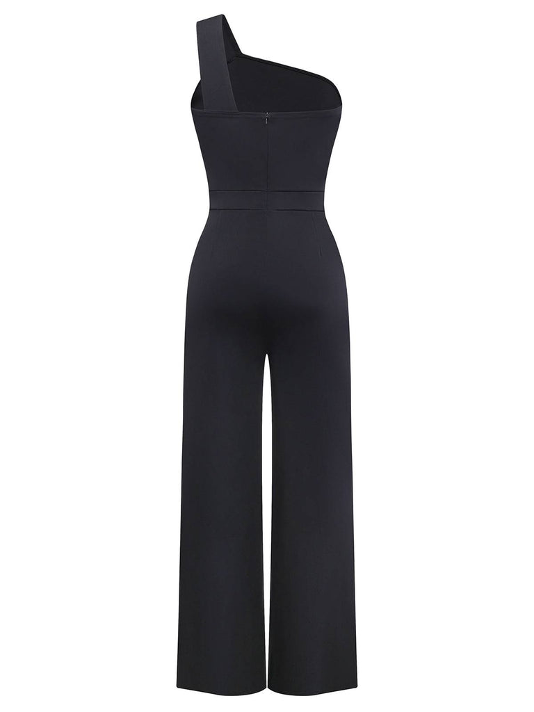 Black 1980s One Shoulder Wide Leg Belt Jumpsuit