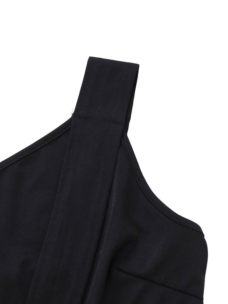 Black 1980s One Shoulder Wide Leg Belt Jumpsuit