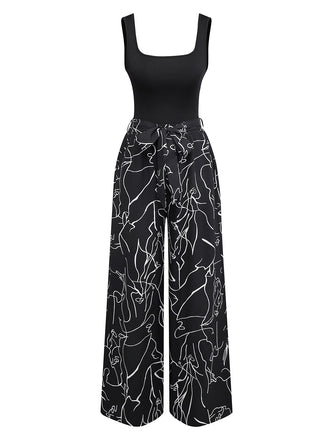 Black 1970s U-Neck Tank Top & Abstract Prints Pants