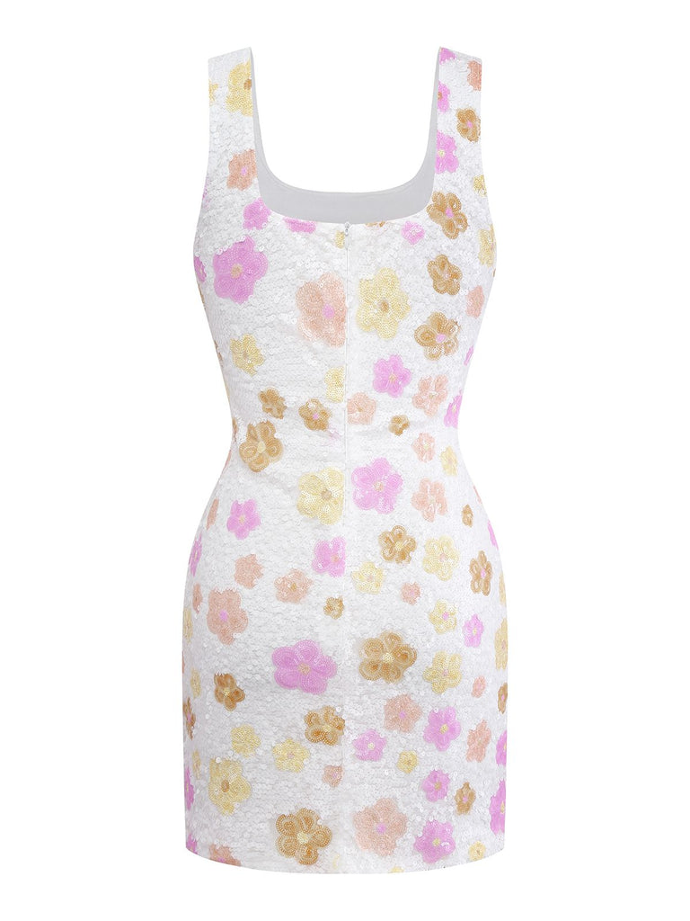 1980s Colorful Floral Sequined Slit Bodycon Dress