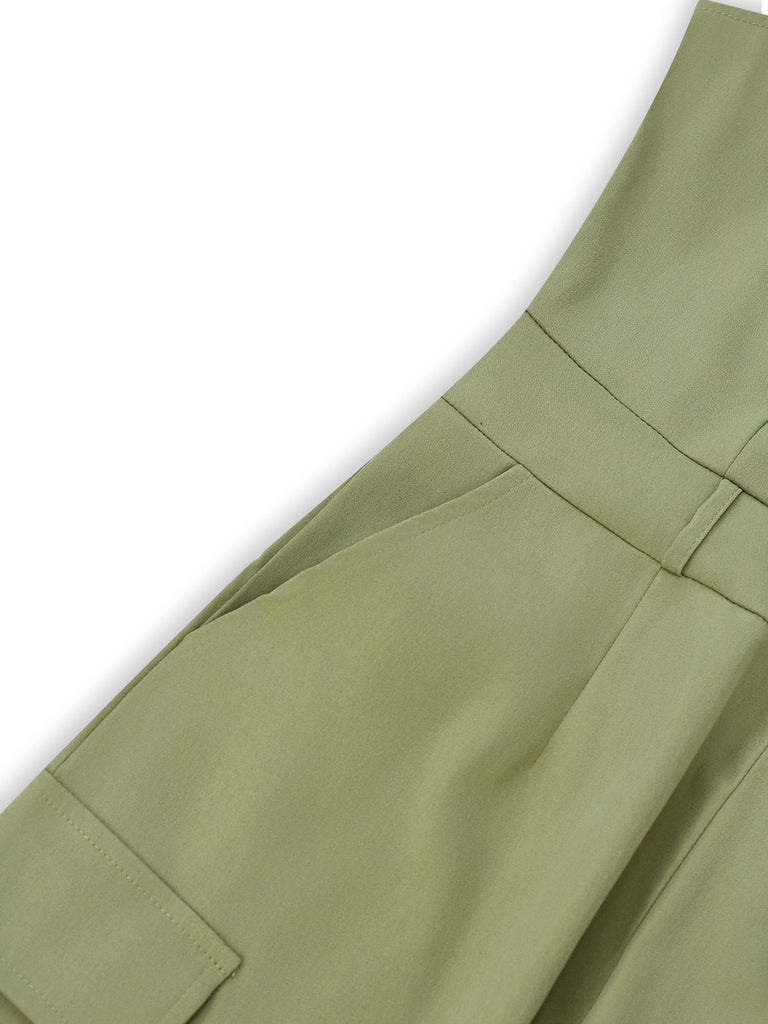 1970s Solid Spaghetti Strap Cargo Style Wide-Leg Jumpsuit