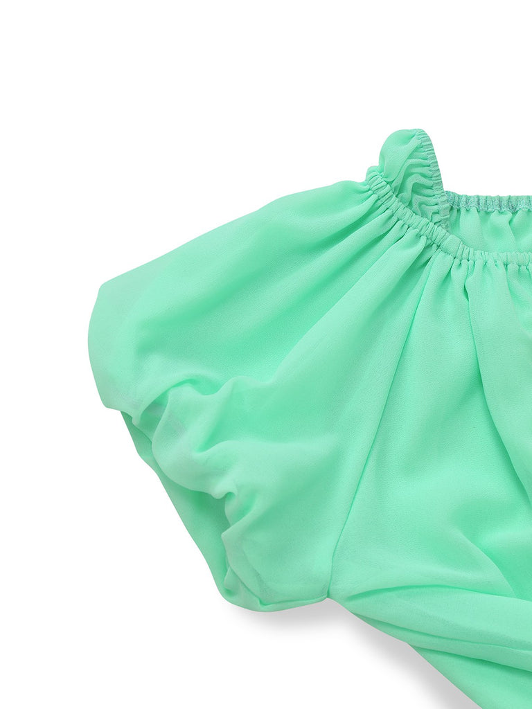 Green 1970s Lace Puff Sleeve Babydoll Dress