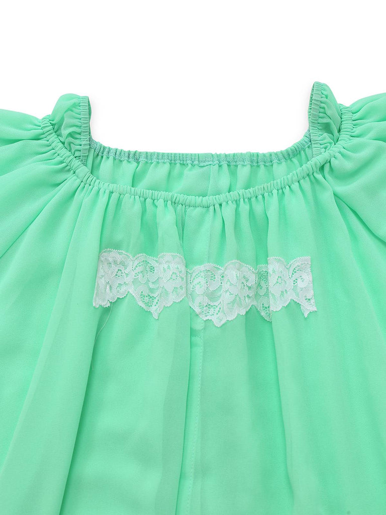 Green 1970s Lace Puff Sleeve Babydoll Dress