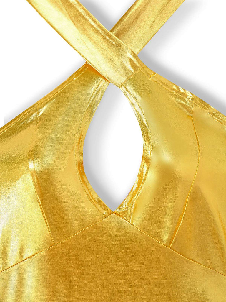 1960s Metallic Halter Keyhole Bodycon Dress