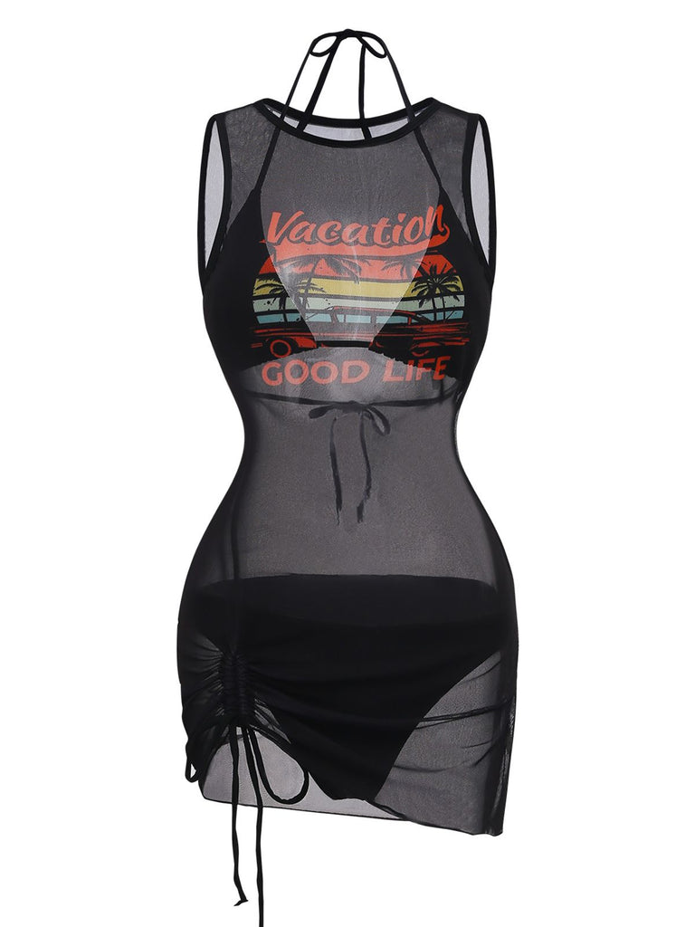 3PCS Black 1960s Vacation Print Mesh Halter Ruched Bikini Set & Cover-Up