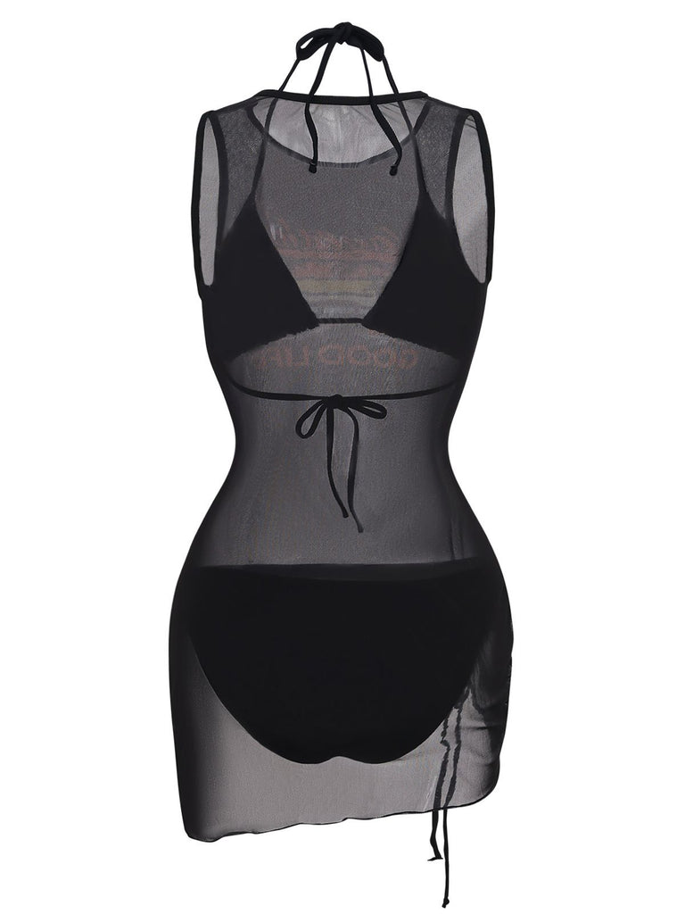 3PCS Black 1960s Vacation Print Mesh Halter Ruched Bikini Set & Cover-Up