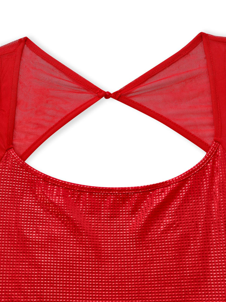 1980s Solid Sequined Mesh Buckle Square Neck Dress