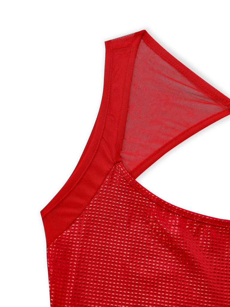 1980s Solid Sequined Mesh Buckle Square Neck Dress