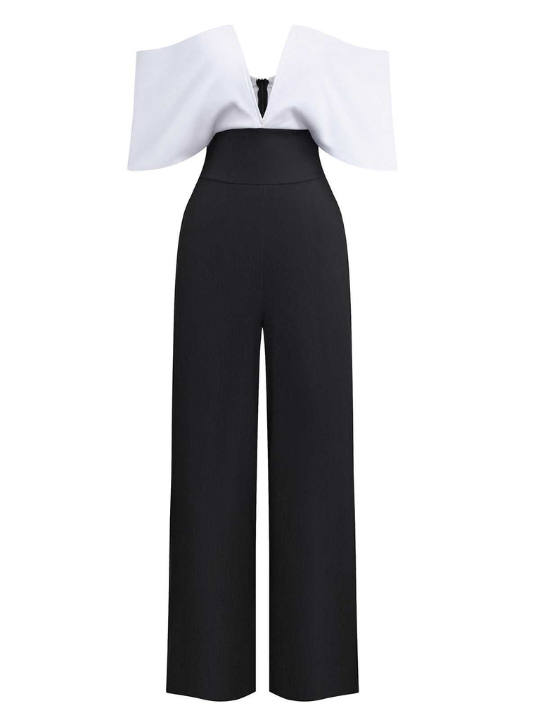 1970s Off-Shoulder Deep-V Contrast Jumpsuit