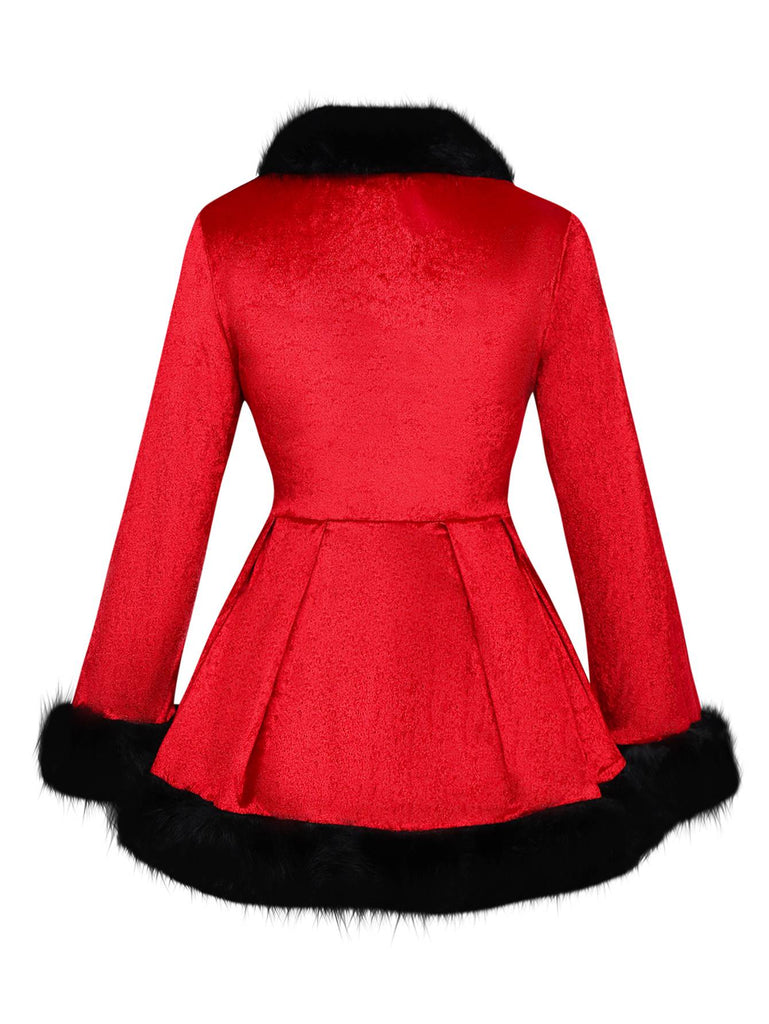 Red 1970s Christmas Fur-Trim Lace Up Velvet Dress