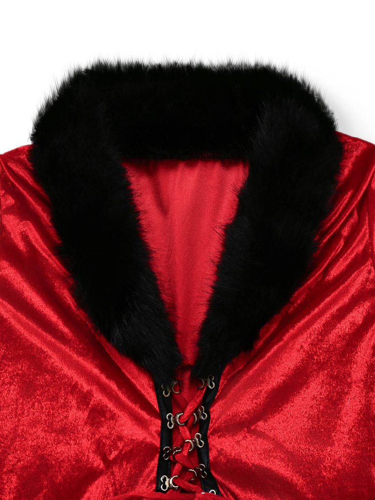 Red 1970s Christmas Fur-Trim Lace Up Velvet Dress