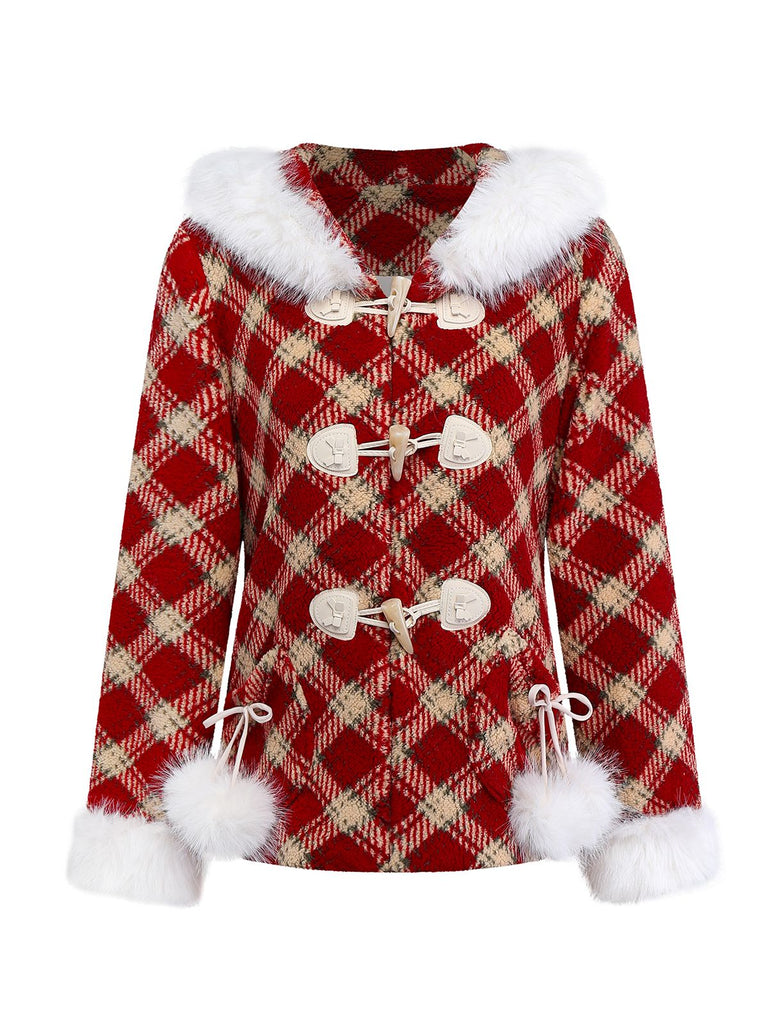 [Pre-Sale] Red 1940s Detachable Fur Collar Plaid Fleece Coat