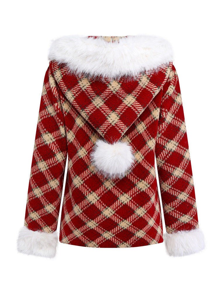 [Pre-Sale] Red 1940s Detachable Fur Collar Plaid Fleece Coat