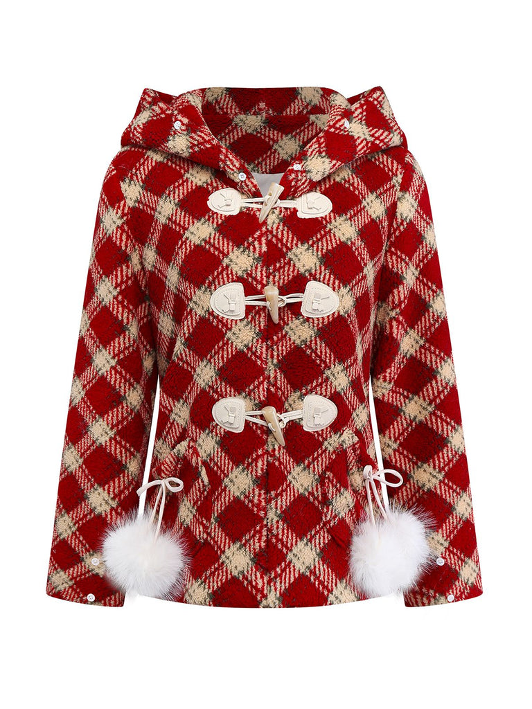 [Pre-Sale] Red 1940s Detachable Fur Collar Plaid Fleece Coat