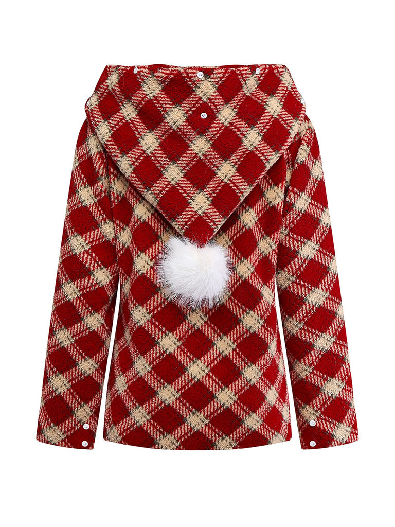 [Pre-Sale] Red 1940s Detachable Fur Collar Plaid Fleece Coat