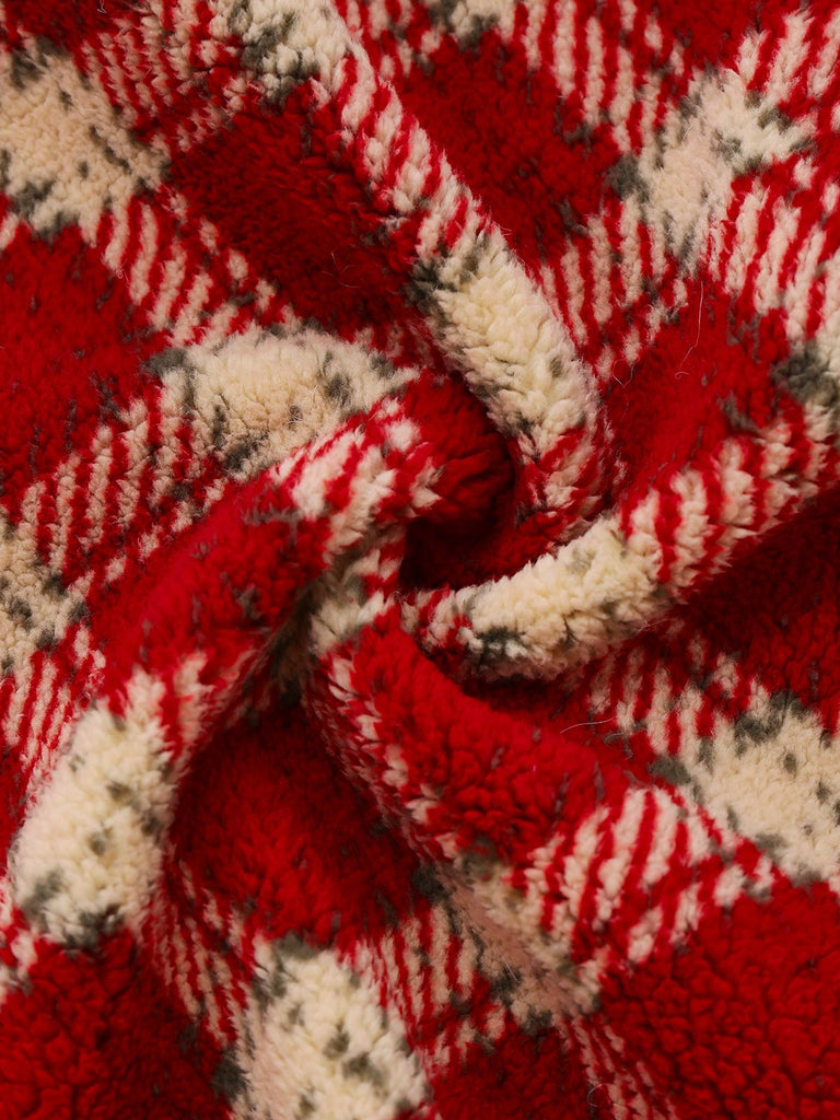[Pre-Sale] Red 1940s Detachable Fur Collar Plaid Fleece Coat