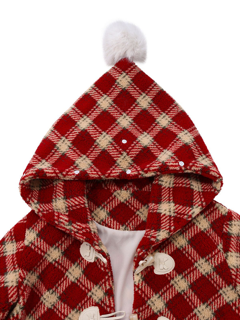 [Pre-Sale] Red 1940s Detachable Fur Collar Plaid Fleece Coat