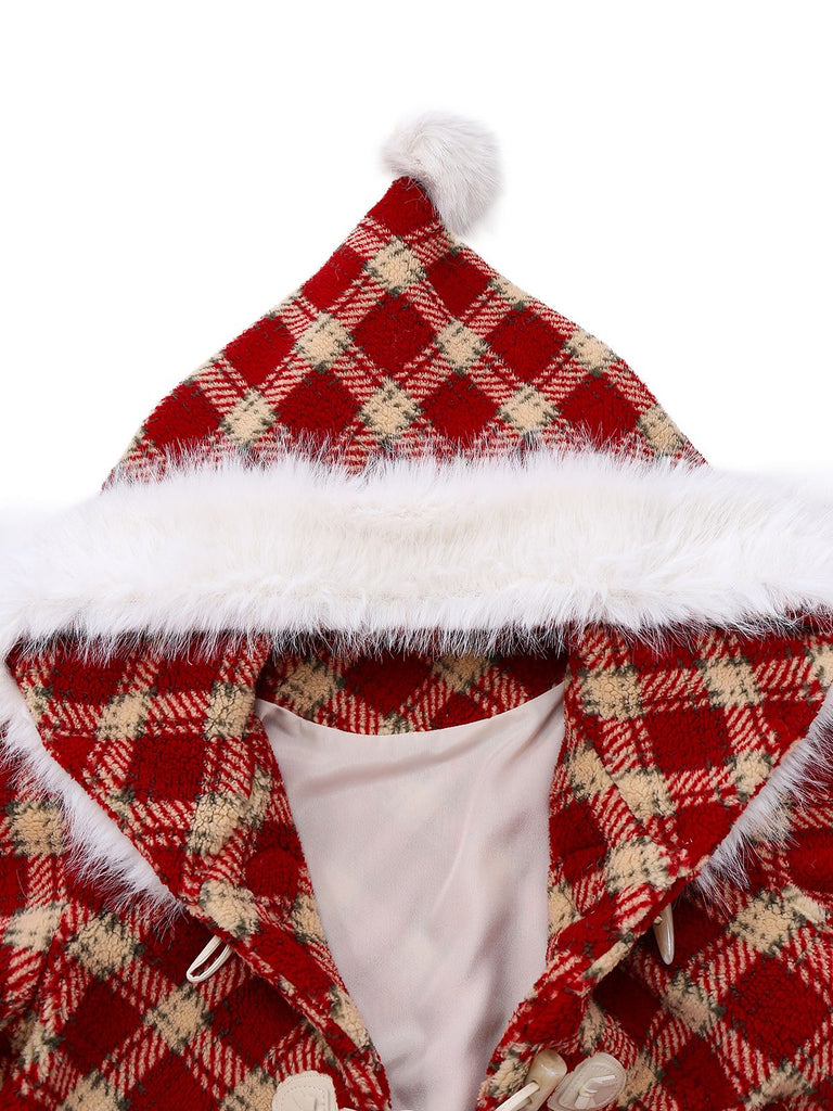 [Pre-Sale] Red 1940s Detachable Fur Collar Plaid Fleece Coat