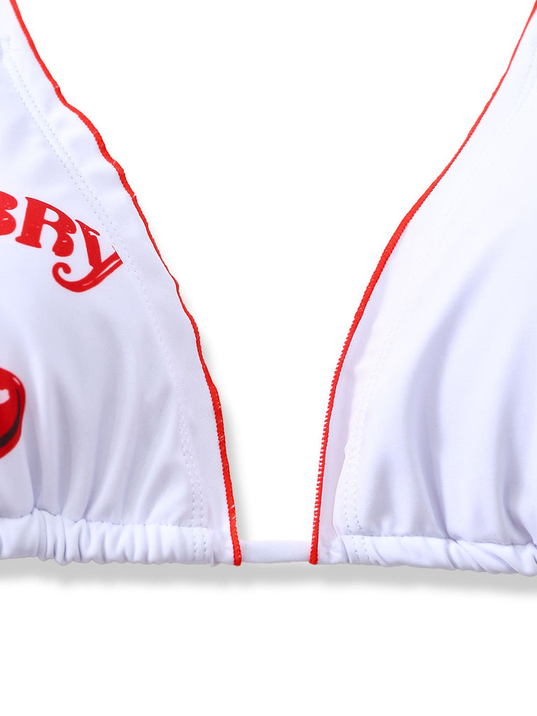 White 1970s Cherry Print Tie-Halter Bikini Set
